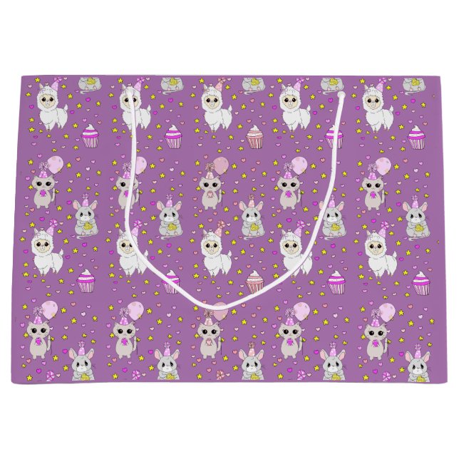 Grand Sac Cadeau Joyeux anniversaire violet lama, chatons et souris (Devant)