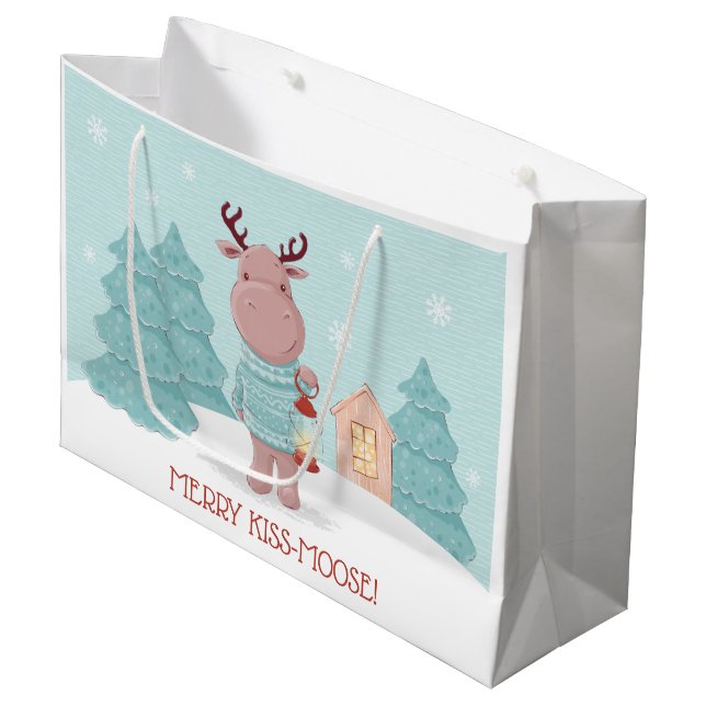 Grand Sac Cadeau Joyeux Baiser Élan Noël (Devant Angle)