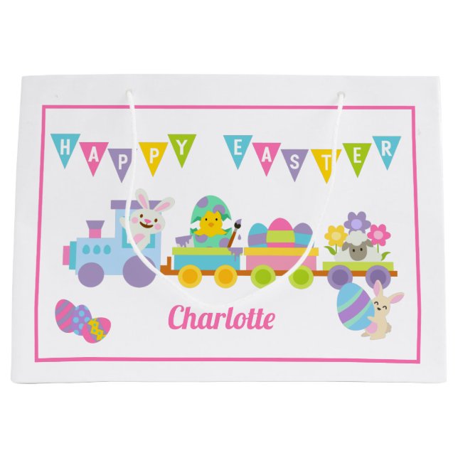 Grand Sac Cadeau Joyeux Bunny de Pâques rose (Devant)