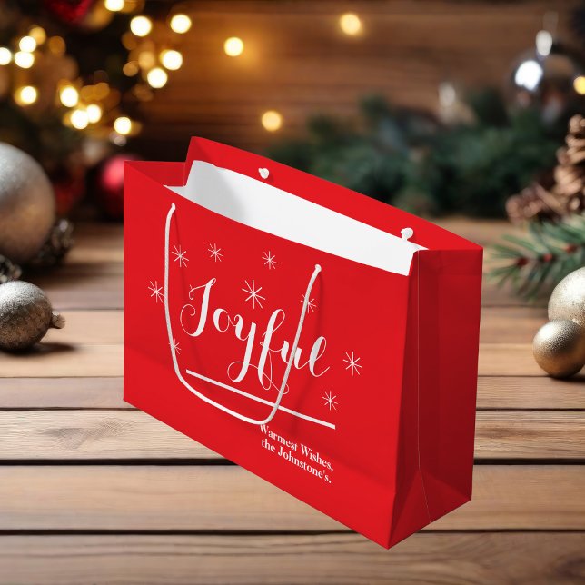 Grand Sac Cadeau Joyeux Cadeau Chic Script Rustique Chic Rouge Noël ("Joyful" large red Christmas gift bag.)