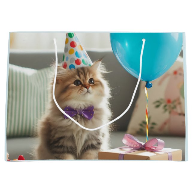 Grand Sac Cadeau Joyeux Chat Kitty Anniversaire (Devant)