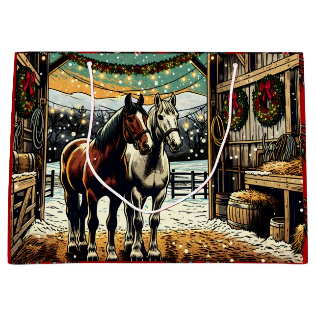 Grand Sac Cadeau Joyeux Chevaux de Cartoon de Noël (Devant)