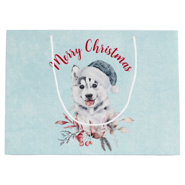 Grand Sac Cadeau Joyeux Chien Husky Noël dans un chapeau de Père No (Devant)
