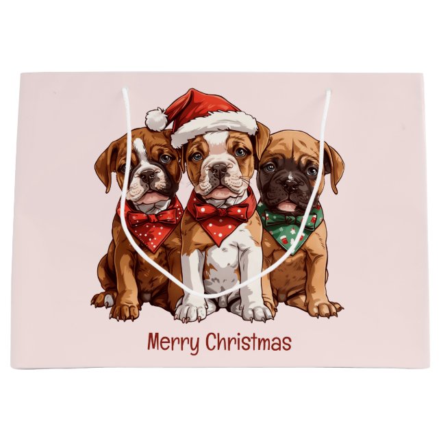 Grand Sac Cadeau Joyeux Chiens en boîte de Noël (Devant)