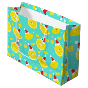 Grand Sac Cadeau Joyeux citrons portant des chapeaux de Père Noël