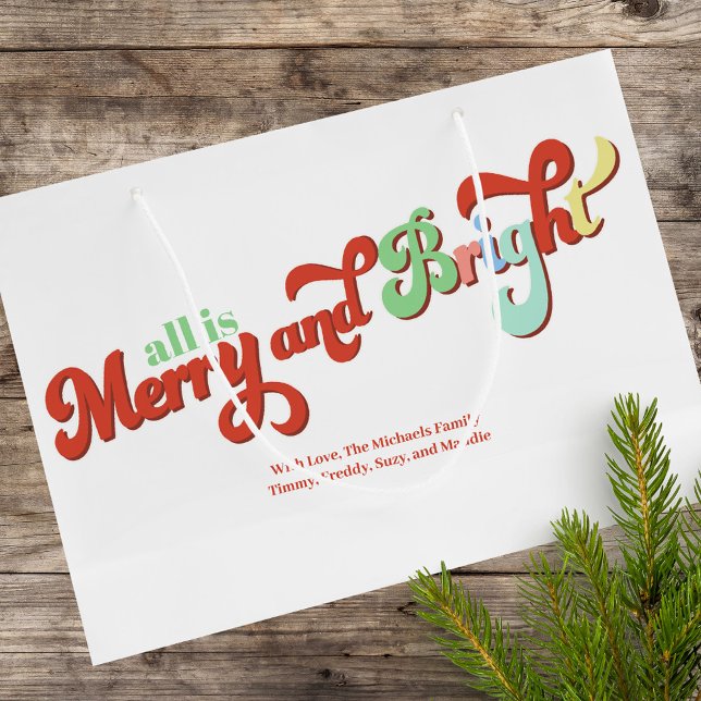 Grand Sac Cadeau Joyeux et brillant Noël personnalisé (Christmas Merry and Bright custom large gift bag)