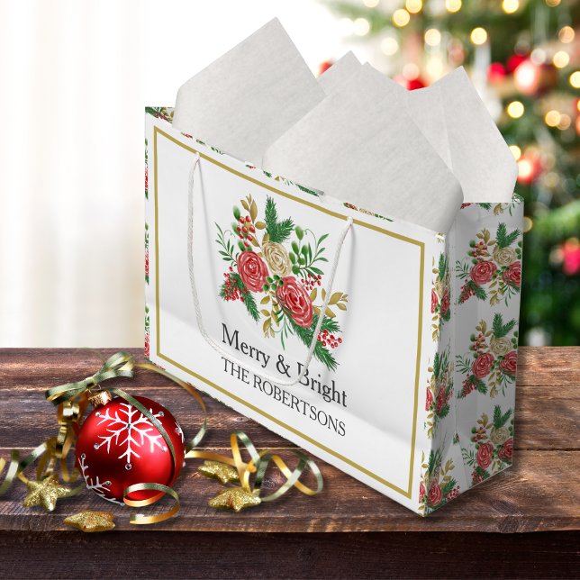 Grand Sac Cadeau Joyeux et brillants Roses d'aquarelle personnalisé (Créateur téléchargé)