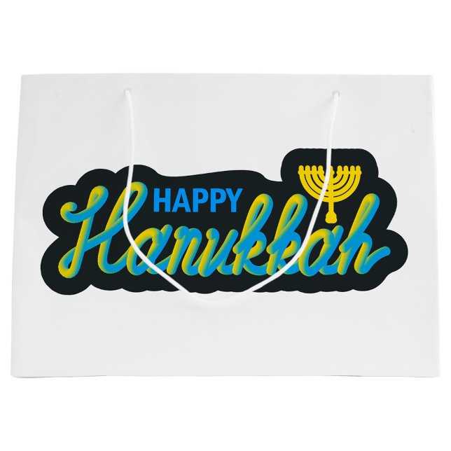 Grand Sac Cadeau Joyeux Hanukkah (A white paper gift bag with a Hanukkah graphic is shown. )