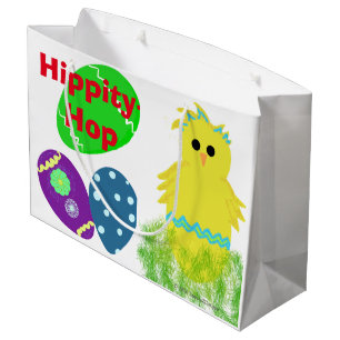 Grand Sac Cadeau Joyeux lapin de Pâques Jaune Vert Poule Bleu OEufs
