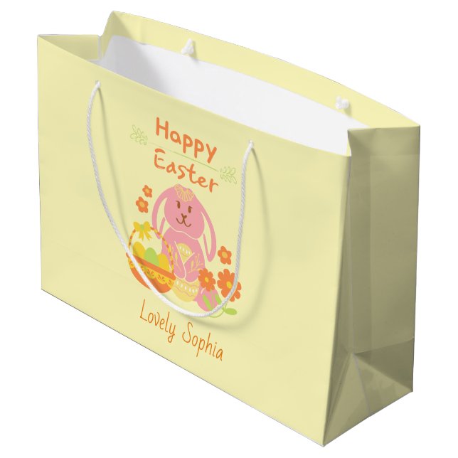 Grand Sac Cadeau Joyeux lapin rose de Pâques (Dos Angle)
