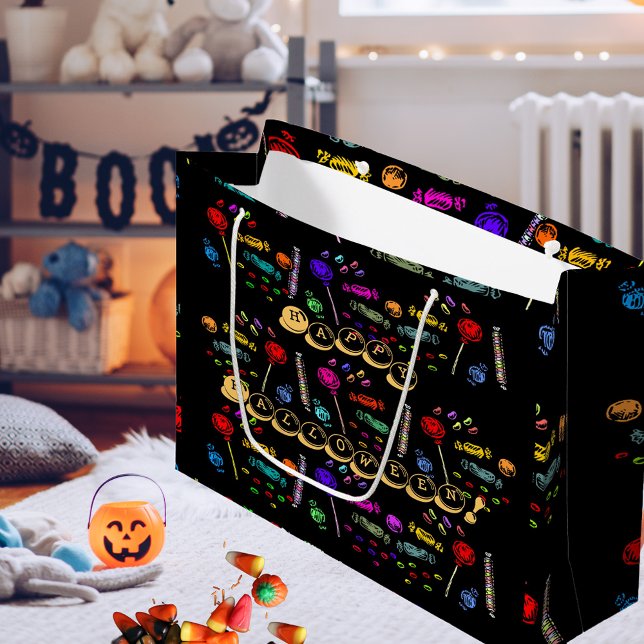 Grand Sac Cadeau Joyeux Lollipops d'Halloween et Motif de bonbons,  (Happy Halloween Lollipops and Candy Pattern Large Gift Bag)