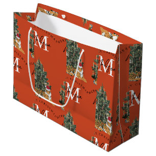 Grand Sac Cadeau Joyeux Monogramme de Noël personnalisé Tigre et Ar