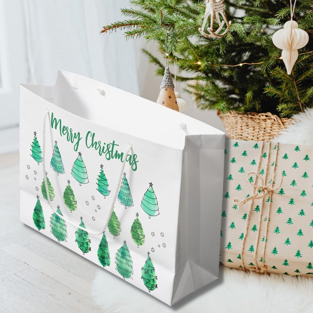 Grand Sac Cadeau Joyeux Noël Arbres verts (Créateur téléchargé)