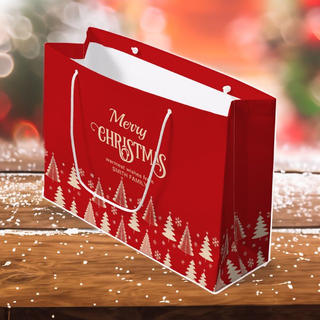 Grand Sac Cadeau Joyeux Noël, beige rouge du milieu du siècle (Merry Christmas midcentury modern retro red beige gold trees personalized template Large Gift Bag)
