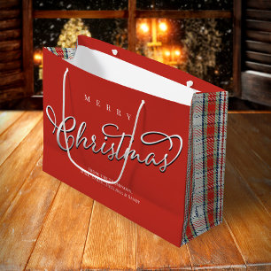 Grand Sac Cadeau Joyeux Noël Calligraphie Script mignon Rouge Plaid