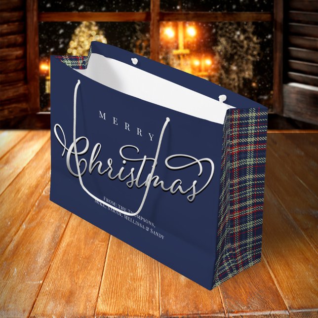 Grand Sac Cadeau Joyeux Noël Calligraphie Script Navy Blue Plaid (Merry Christmas holiday navy blue large gift bag,)