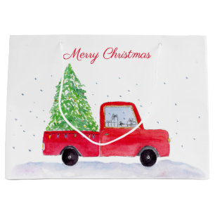 Grand Sac Cadeau Joyeux Noël Camion Rouge Avec Sapin de Noël