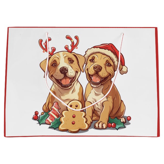 Grand Sac Cadeau Joyeux Noël Chiens Pit Bull (Devant)