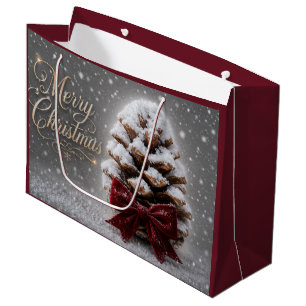 Grand Sac Cadeau Joyeux Noël Cône de Pin Recouvert de Neige