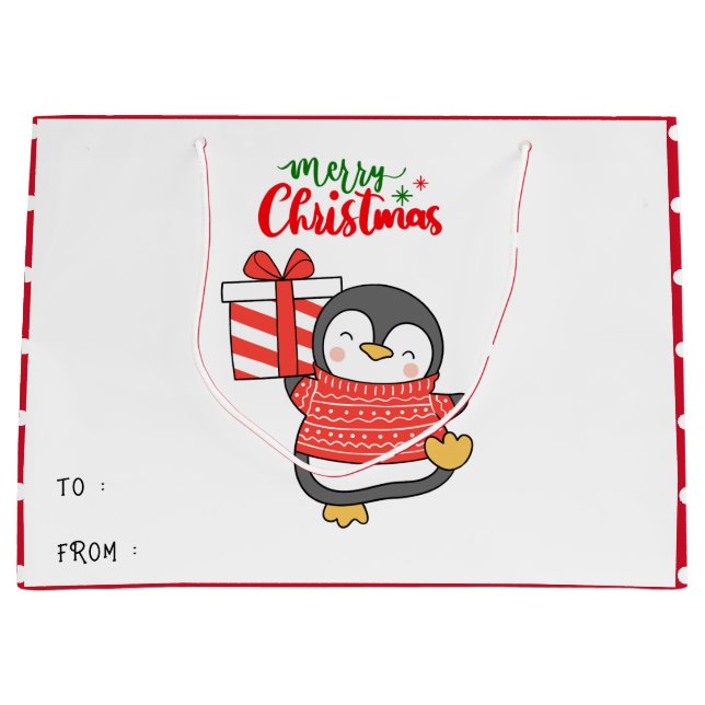 Grand Sac Cadeau Joyeux Noël de Pingouin mignon (Devant)