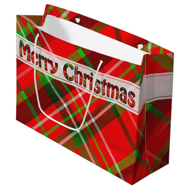 Grand Sac Cadeau Joyeux Noël Festif Tartan Motif Rouge Vert (Devant Angle)