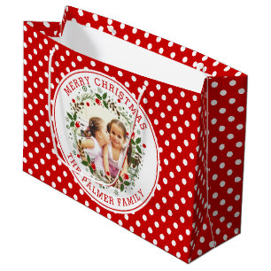 Grand Sac Cadeau Joyeux Noël fleuri couronne rouge pois photo point