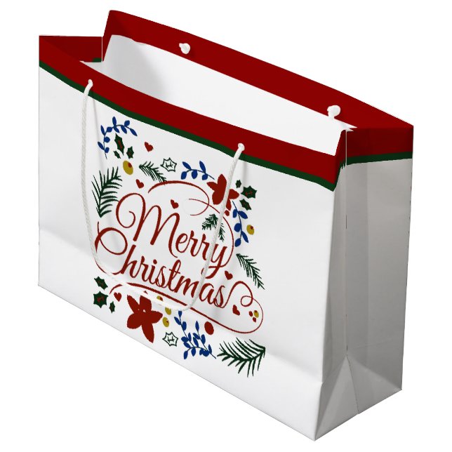 Grand Sac Cadeau Joyeux Noël floral   (Devant Angle)