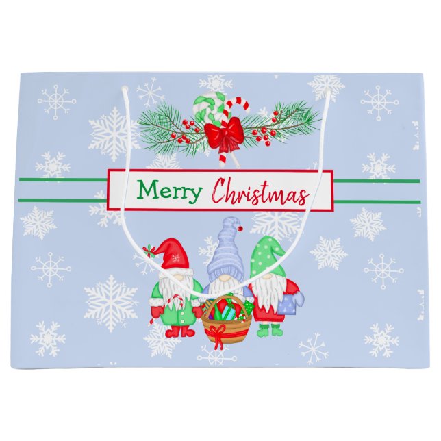 Grand Sac Cadeau Joyeux Noël Gnomes Snowflakes Arrière - plan bleu (Devant)