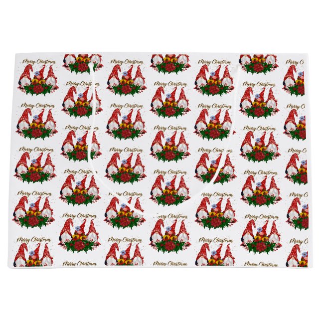 Grand Sac Cadeau Joyeux Noël Gnomes tendance Fêtes adorables (Devant)