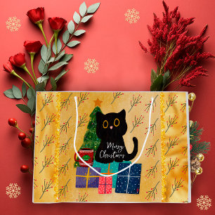 Grand Sac Cadeau Joyeux Noël Mignon Chat Noir Café Orange Or