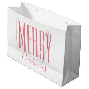 Grand Sac Cadeau Joyeux Noël Moderne Rose Blanc