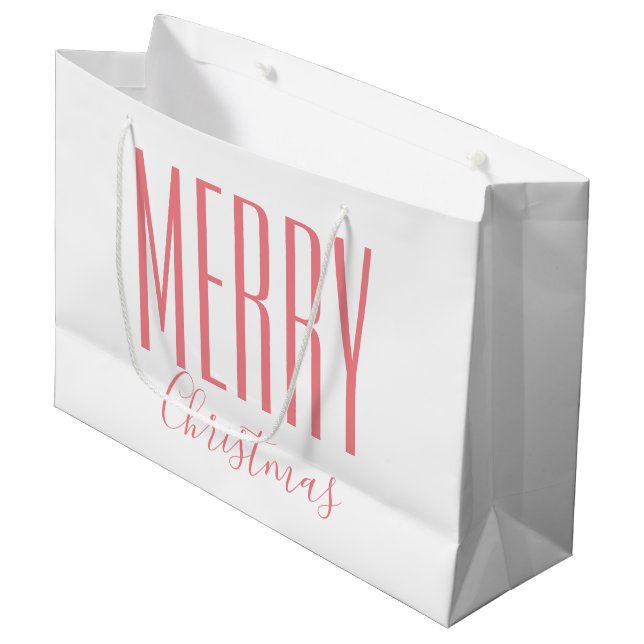 Grand Sac Cadeau Joyeux Noël Moderne Rose Blanc (Devant Angle)