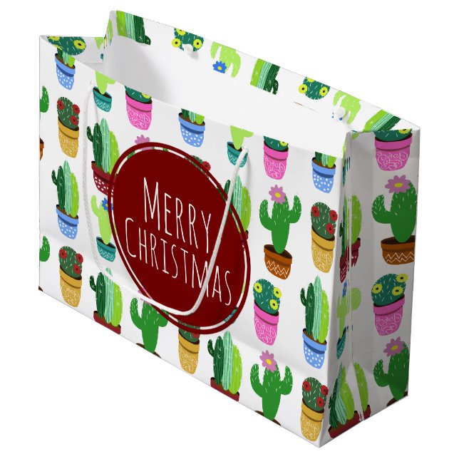 Grand Sac Cadeau Joyeux Noël Motif Cactus (Devant Angle)
