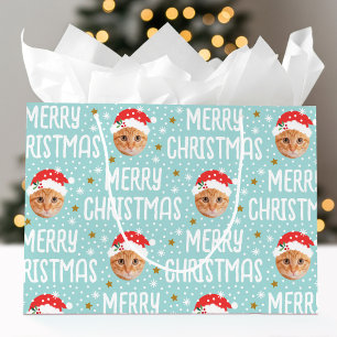 Grand Sac Cadeau Joyeux Noël Père Noël Photo Mignonne Visage Bleu