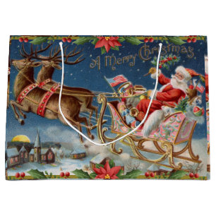 Grand Sac Cadeau Joyeux Noël Père Noël vintage sur traîneau