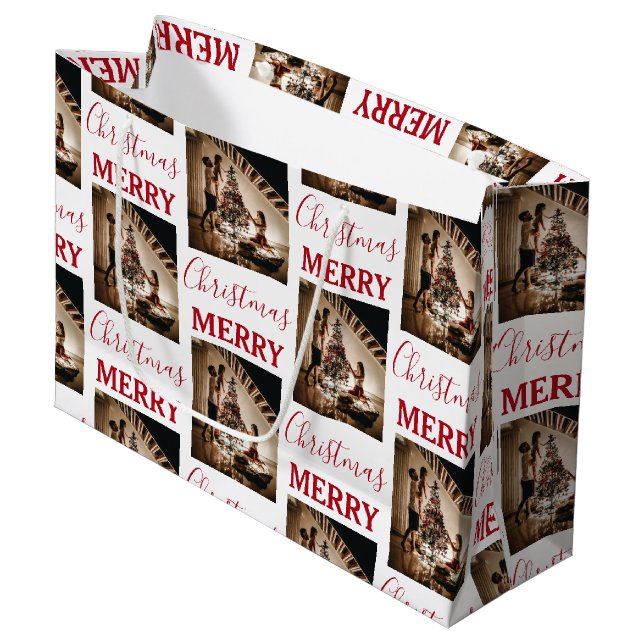 Grand Sac Cadeau Joyeux Noël Photo de famille personnalisée (Devant Angle)