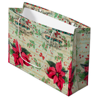 Grand Sac Cadeau Joyeux Noël Poinsettia rouge et baie de houx