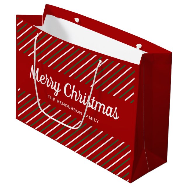 Grand Sac Cadeau Joyeux Noël Rayures Rouges Vertes Blanches  (Devant Angle)