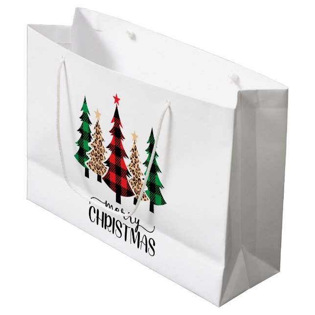Grand Sac Cadeau Joyeux Noël Red Green Plaid Arbres (Devant Angle)