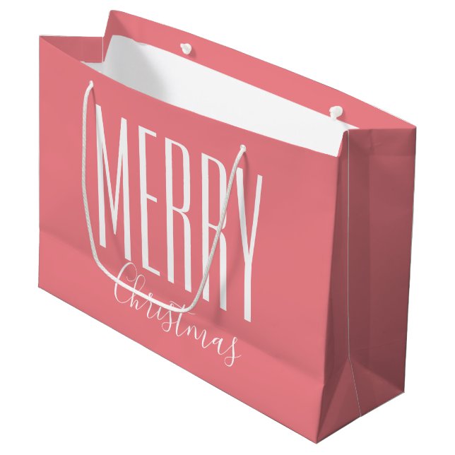 Grand Sac Cadeau Joyeux Noël Rose Blanc (Devant Angle)