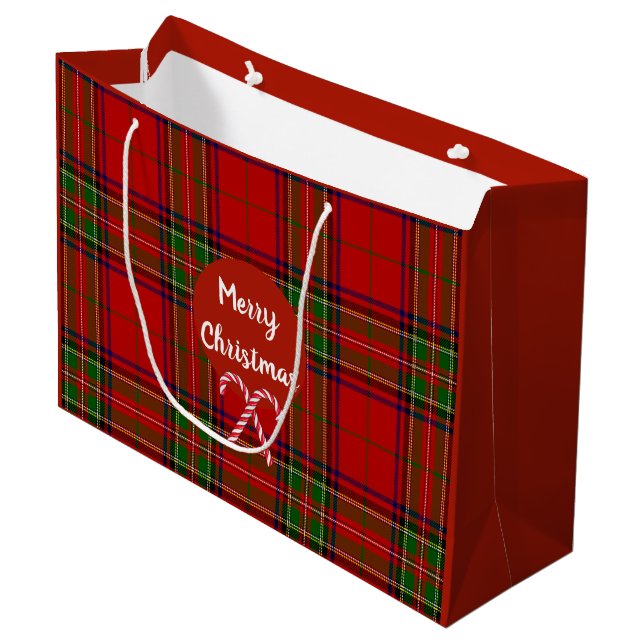 Grand Sac Cadeau Joyeux Noël Rouge Tartan Plaid Sucres de canne (Devant Angle)