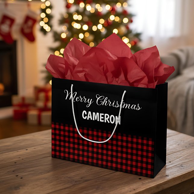 Grand Sac Cadeau Joyeux Noël Rustique Rouge & Buffalo noir Plaid (Créateur téléchargé)