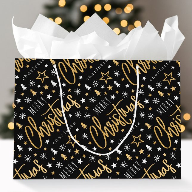 Grand Sac Cadeau Joyeux Noël Script Custom Name Black Faux Gold (Créateur téléchargé)