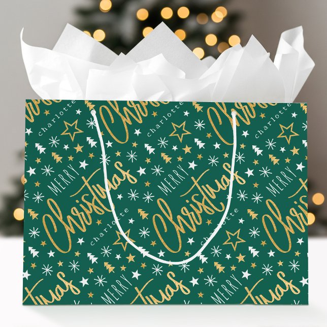 Grand Sac Cadeau Joyeux Noël Script Custom Name Green Faux Gold (Créateur téléchargé)