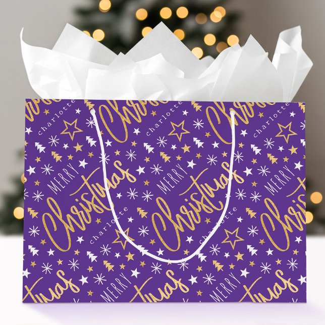 Grand Sac Cadeau Joyeux Noël Script personnalisé violet Faux Or (Créateur téléchargé)