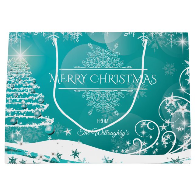 Grand Sac Cadeau Joyeux Noël Snowflakes Arbre Fleurs & Étoiles H (Devant)