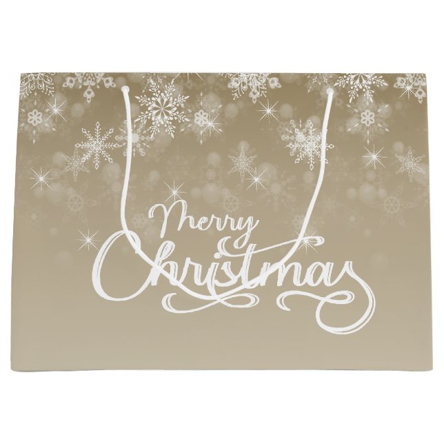 Grand Sac Cadeau Joyeux Noël Snowflakes Beige Holiday (Devant)