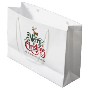 Grand Sac Cadeau Joyeux Noël Typographie Gothique Avec Cerf De Plui