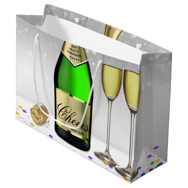 Grand Sac Cadeau Joyeux Nouvel An 2025 Bouteille Sparkling Vin (Devant Angle)