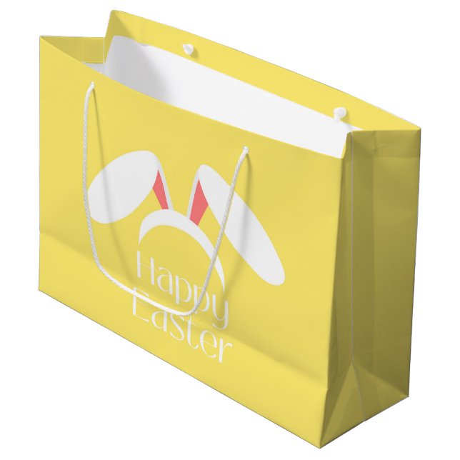 Grand Sac Cadeau Joyeux Pâques blanc lapin oreilles jaune (Devant Angle)